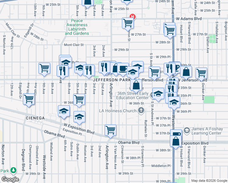 map of restaurants, bars, coffee shops, grocery stores, and more near 3436 Arlington Avenue in Los Angeles