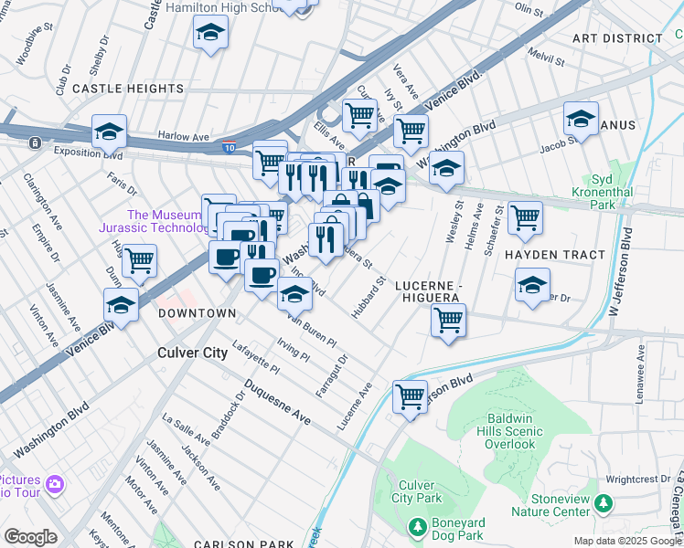 map of restaurants, bars, coffee shops, grocery stores, and more near 9038 Lindblade Street in Culver City