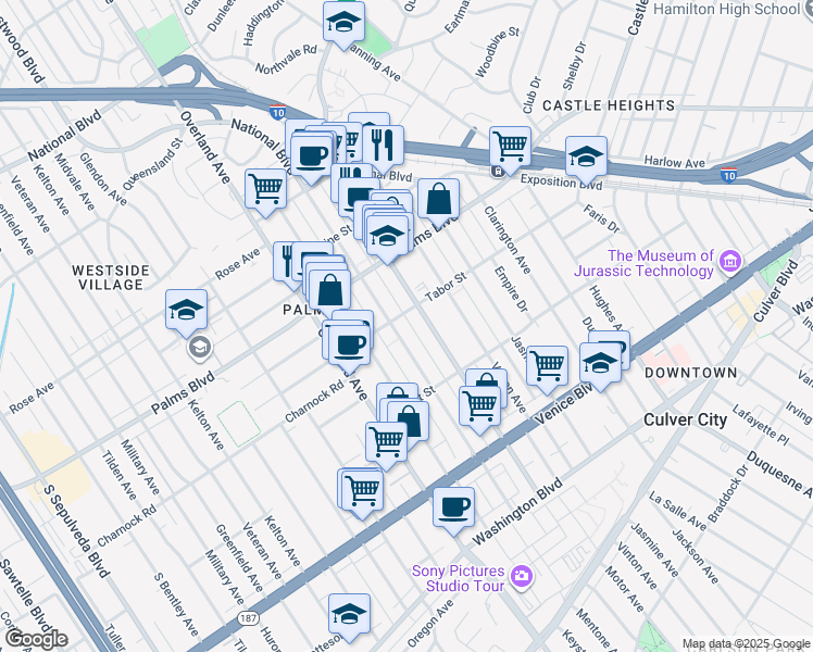 map of restaurants, bars, coffee shops, grocery stores, and more near 3568 Mentone Avenue in Los Angeles