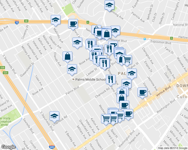 map of restaurants, bars, coffee shops, grocery stores, and more near 10740 Lawler Street in Los Angeles