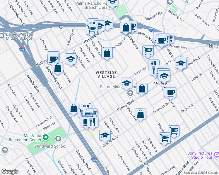map of restaurants, bars, coffee shops, grocery stores, and more near 3317 Kelton Avenue in Los Angeles