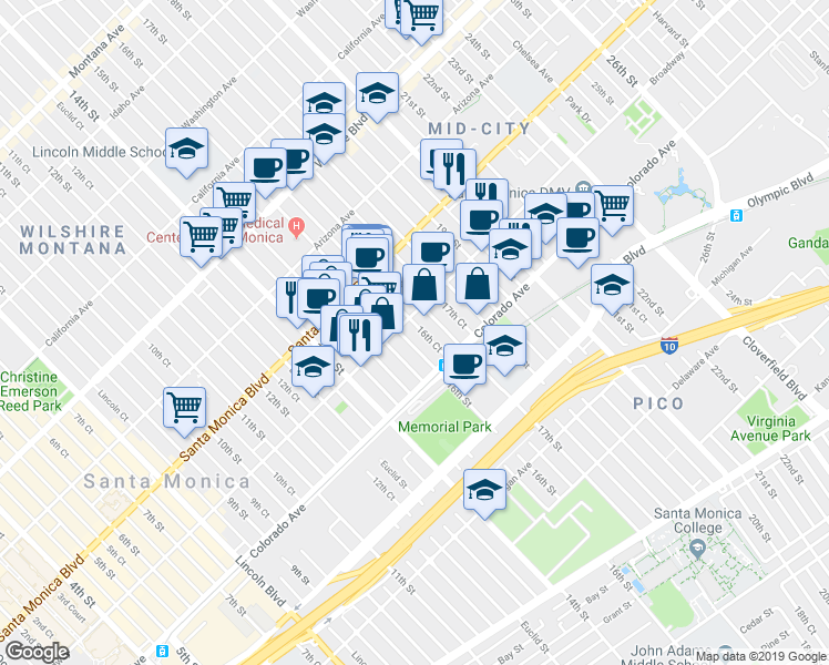 map of restaurants, bars, coffee shops, grocery stores, and more near 227 Broadway in Santa Monica