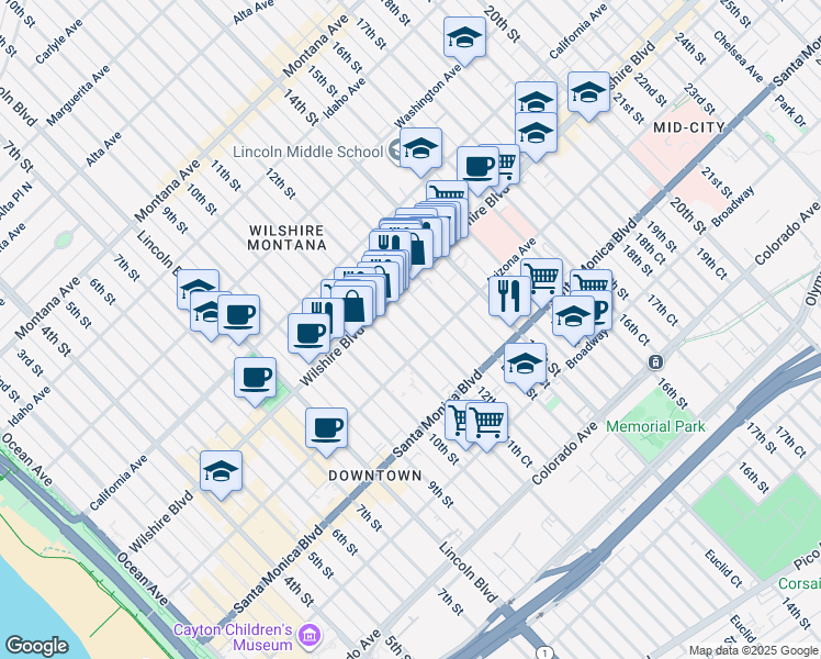 map of restaurants, bars, coffee shops, grocery stores, and more near 1243 12th Street in Santa Monica