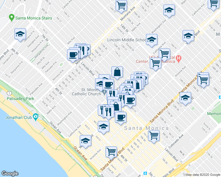map of restaurants, bars, coffee shops, grocery stores, and more near 1027 Lincoln Boulevard in Santa Monica