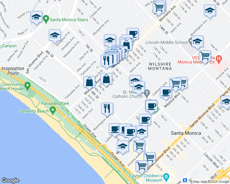 map of restaurants, bars, coffee shops, grocery stores, and more near in Santa Monica