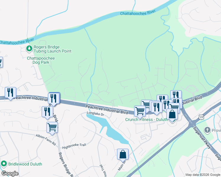 map of restaurants, bars, coffee shops, grocery stores, and more near 3915 Balleycastle Lane in Duluth