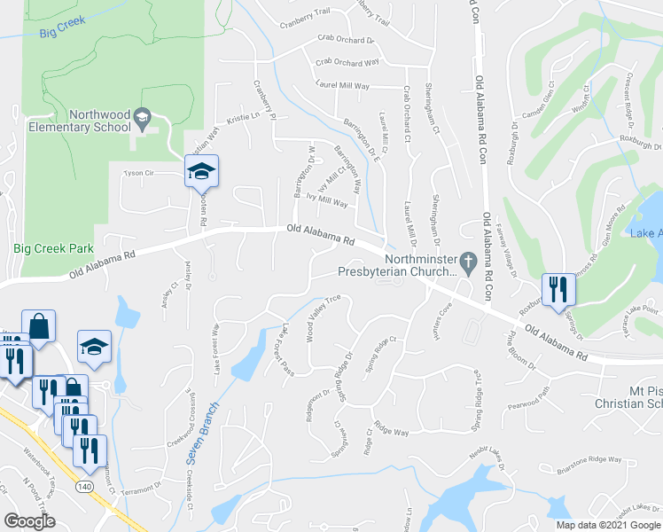 map of restaurants, bars, coffee shops, grocery stores, and more near 10085 Lake Forest Way in Roswell
