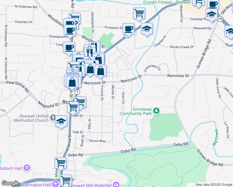 map of restaurants, bars, coffee shops, grocery stores, and more near 955 Myrtle Street in Roswell