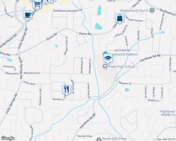 map of restaurants, bars, coffee shops, grocery stores, and more near 3049 Wendgate Drive in Marietta