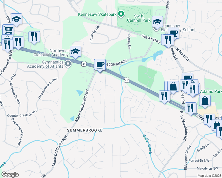 map of restaurants, bars, coffee shops, grocery stores, and more near 2937 Bent Creek Drive Northwest in Kennesaw