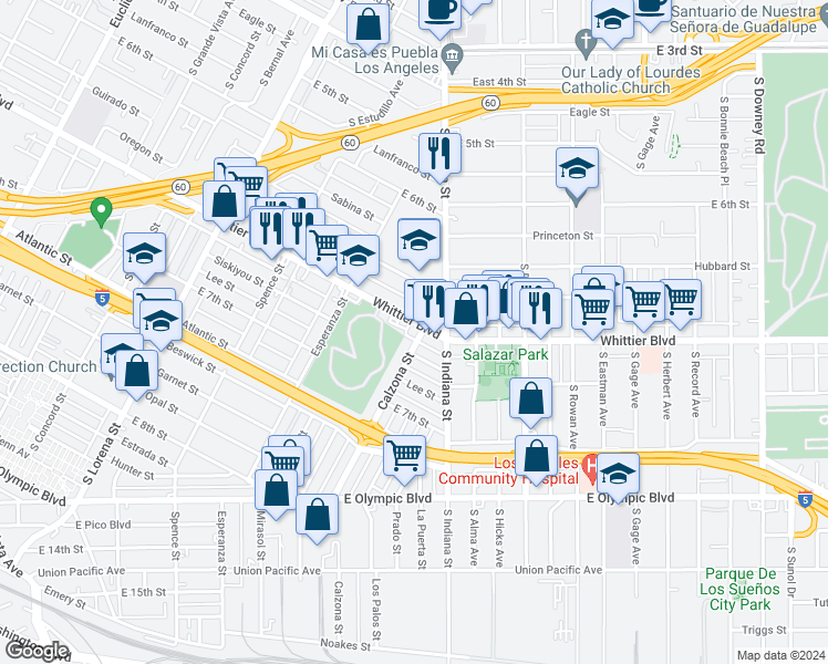 map of restaurants, bars, coffee shops, grocery stores, and more near 3706 1/2 Whittier Boulevard in Los Angeles