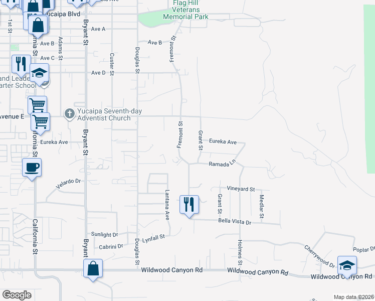 map of restaurants, bars, coffee shops, grocery stores, and more near 12627 Fremont Street in Yucaipa