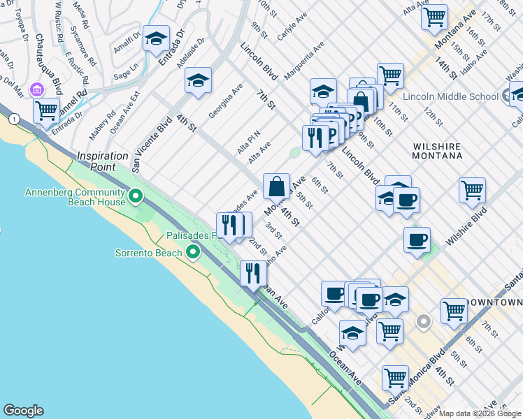 map of restaurants, bars, coffee shops, grocery stores, and more near 307 Montana Avenue in Santa Monica