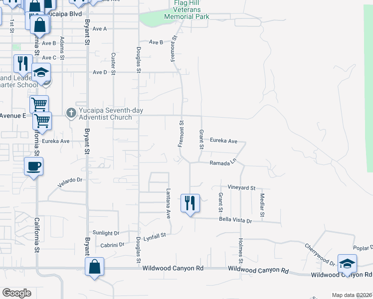 map of restaurants, bars, coffee shops, grocery stores, and more near 12627 Fremont Street in Yucaipa