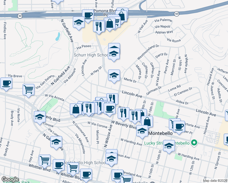 map of restaurants, bars, coffee shops, grocery stores, and more near in Montebello