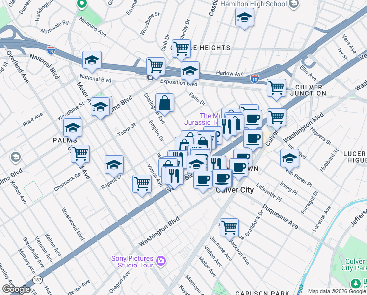 map of restaurants, bars, coffee shops, grocery stores, and more near 3725 1/2 Dunn Drive in Los Angeles