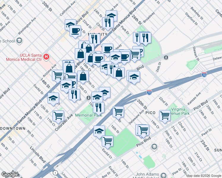 map of restaurants, bars, coffee shops, grocery stores, and more near 1628 19th Street in Santa Monica