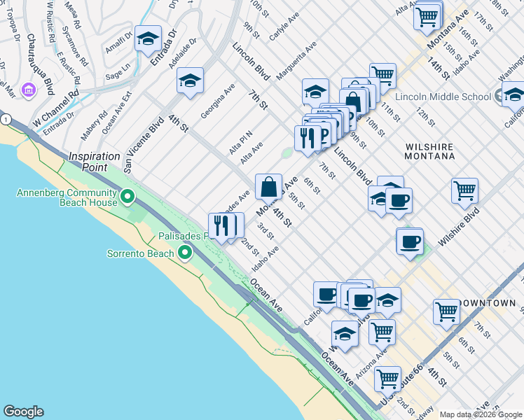 map of restaurants, bars, coffee shops, grocery stores, and more near in Santa Monica