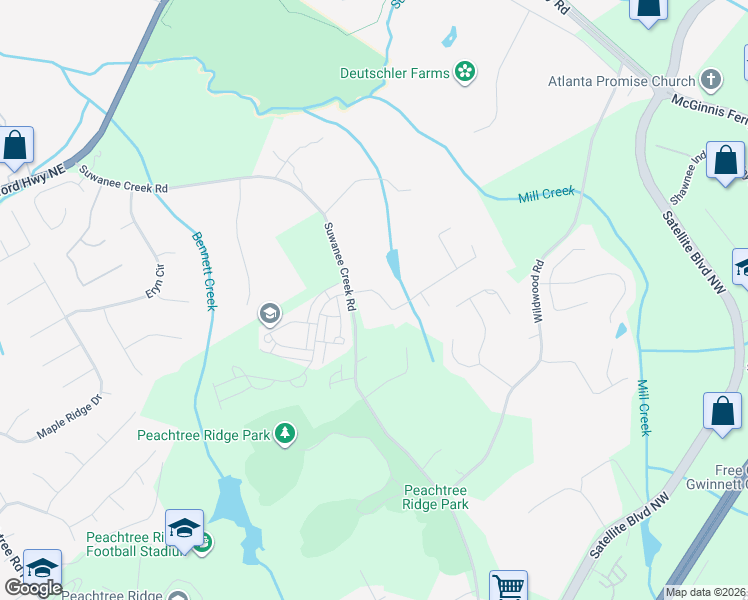 map of restaurants, bars, coffee shops, grocery stores, and more near 1220 Swan Mill Court in Suwanee