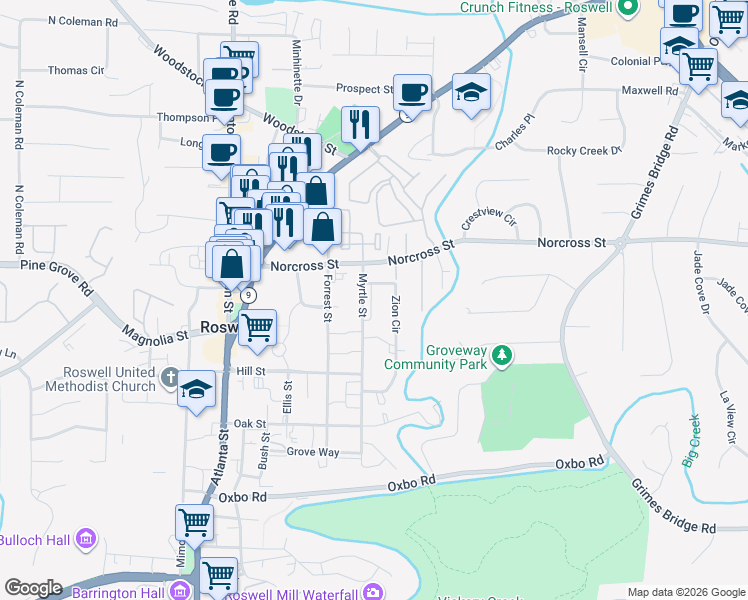 map of restaurants, bars, coffee shops, grocery stores, and more near 955 Myrtle Street in Roswell