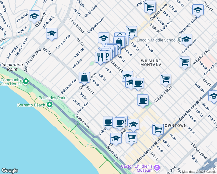 map of restaurants, bars, coffee shops, grocery stores, and more near 908 6th Street in Santa Monica