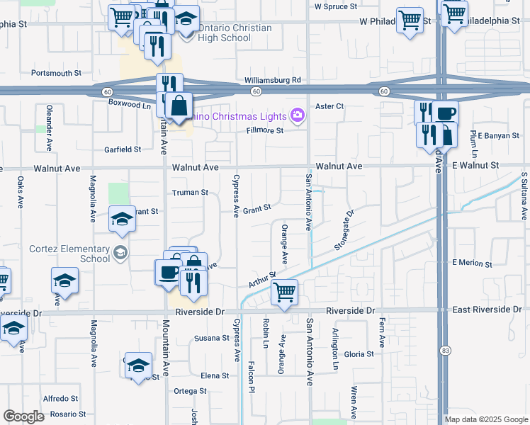 map of restaurants, bars, coffee shops, grocery stores, and more near 6577 Grant Street in Chino