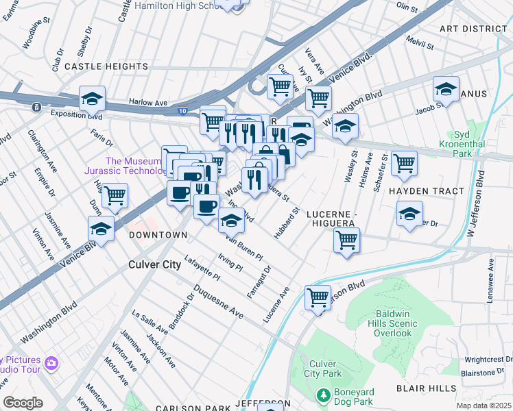 map of restaurants, bars, coffee shops, grocery stores, and more near 9038 Lindblade Street in Culver City