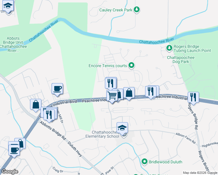 map of restaurants, bars, coffee shops, grocery stores, and more near 2833 Shake Rag Road Northwest in Duluth