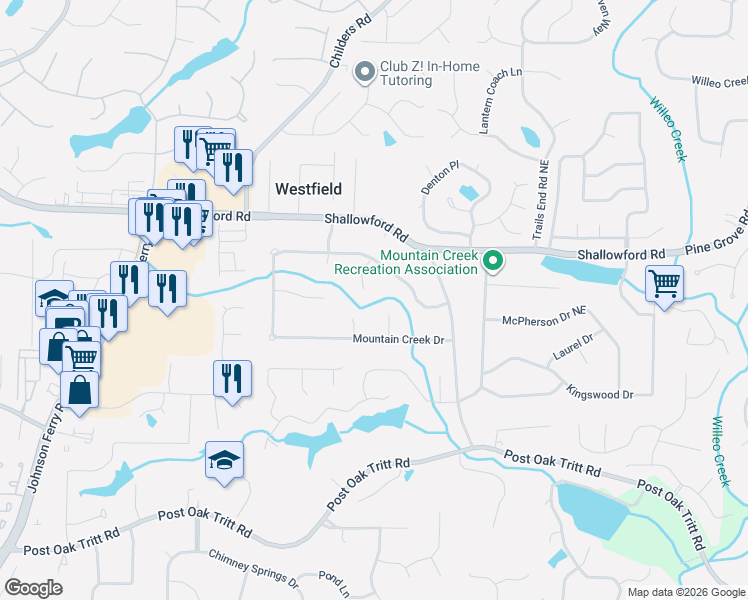 map of restaurants, bars, coffee shops, grocery stores, and more near 4762 Hill Court in Roswell