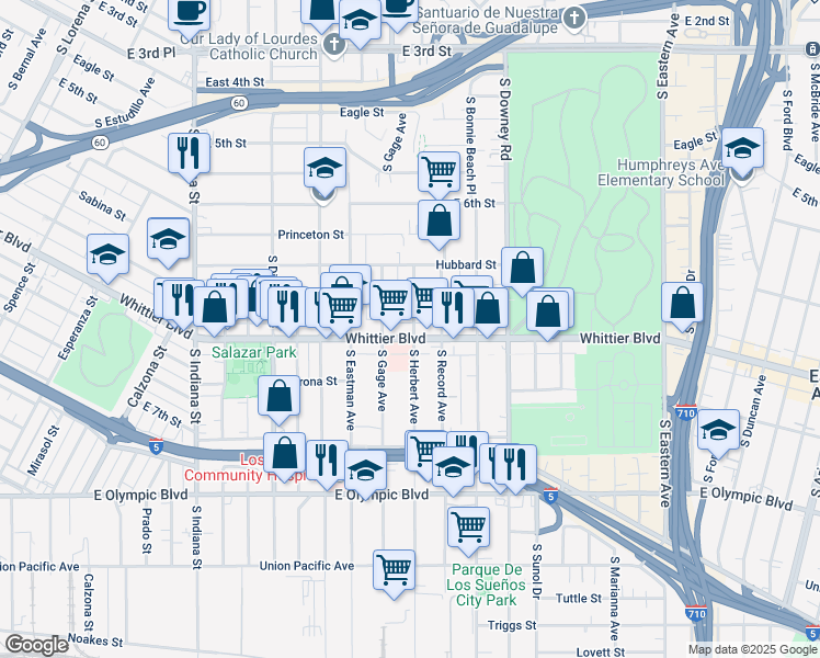 map of restaurants, bars, coffee shops, grocery stores, and more near 4065 Whittier Blvd in Los Angeles