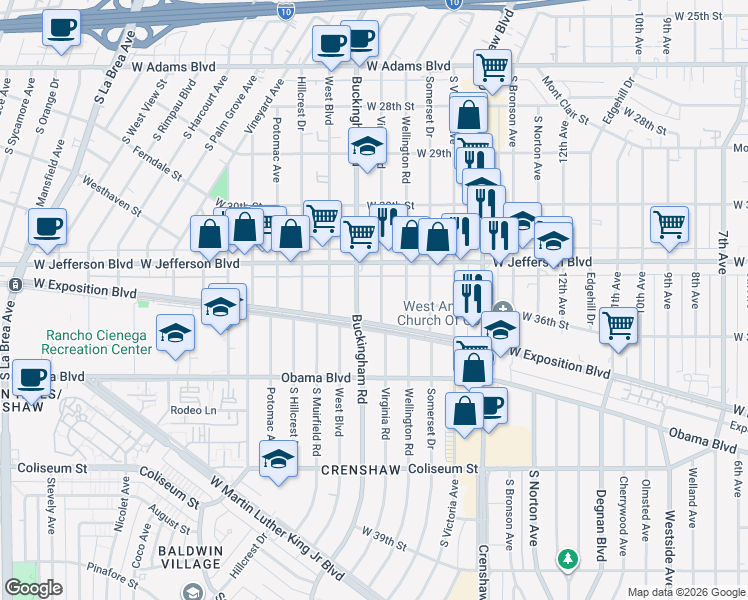 map of restaurants, bars, coffee shops, grocery stores, and more near 3437 Virginia Road in Los Angeles