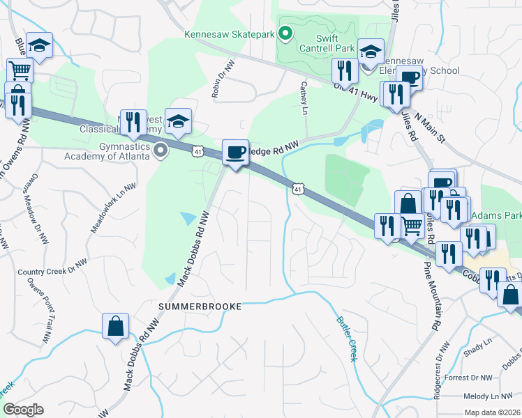 map of restaurants, bars, coffee shops, grocery stores, and more near 2937 Bent Creek Drive Northwest in Kennesaw