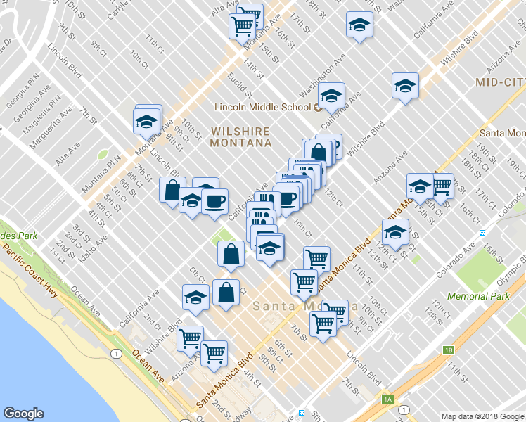 map of restaurants, bars, coffee shops, grocery stores, and more near 1128 10th Street in Santa Monica