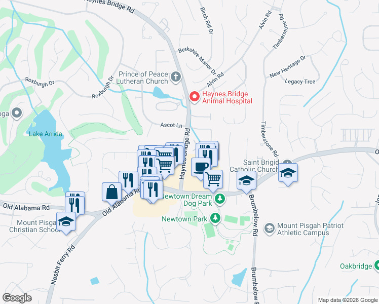 map of restaurants, bars, coffee shops, grocery stores, and more near 36 Hemingbrough Way in Johns Creek