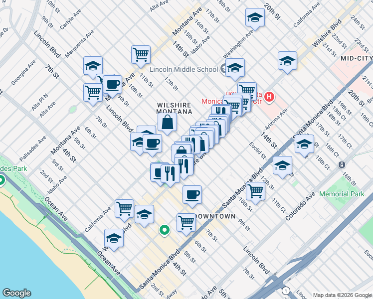 map of restaurants, bars, coffee shops, grocery stores, and more near 1128 10th Street in Santa Monica