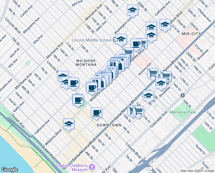 map of restaurants, bars, coffee shops, grocery stores, and more near 1030 Wilshire Boulevard in Santa Monica