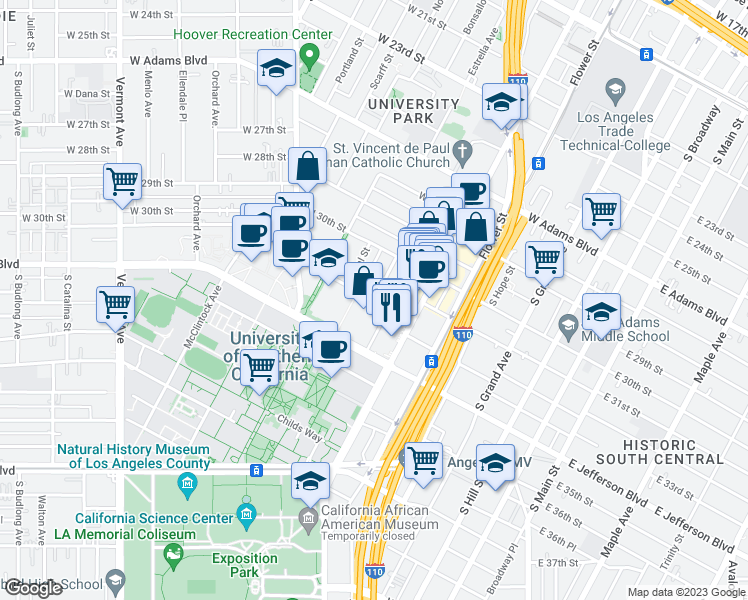 map of restaurants, bars, coffee shops, grocery stores, and more near West 32nd Street & Shrine Place in Los Angeles