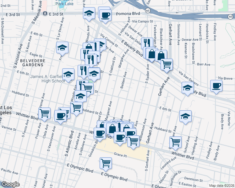 map of restaurants, bars, coffee shops, grocery stores, and more near 573 Belden Avenue in East Los Angeles