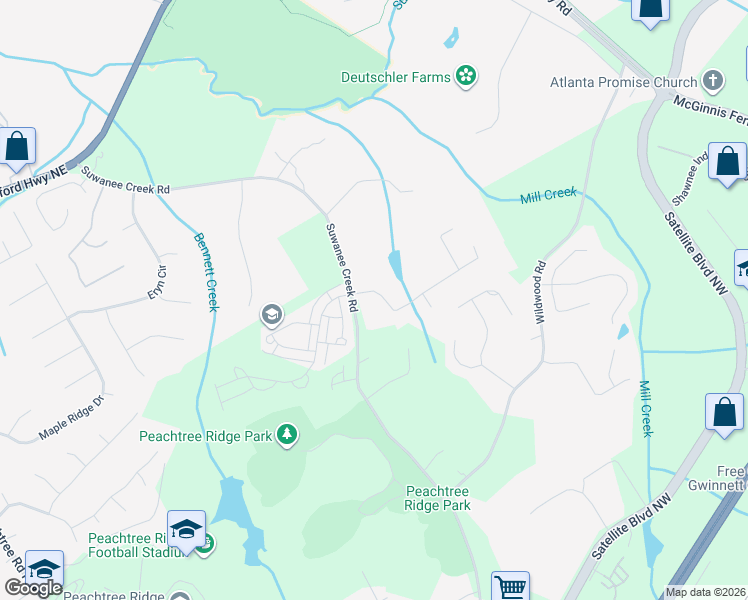 map of restaurants, bars, coffee shops, grocery stores, and more near 1220 Swan Mill Court in Suwanee