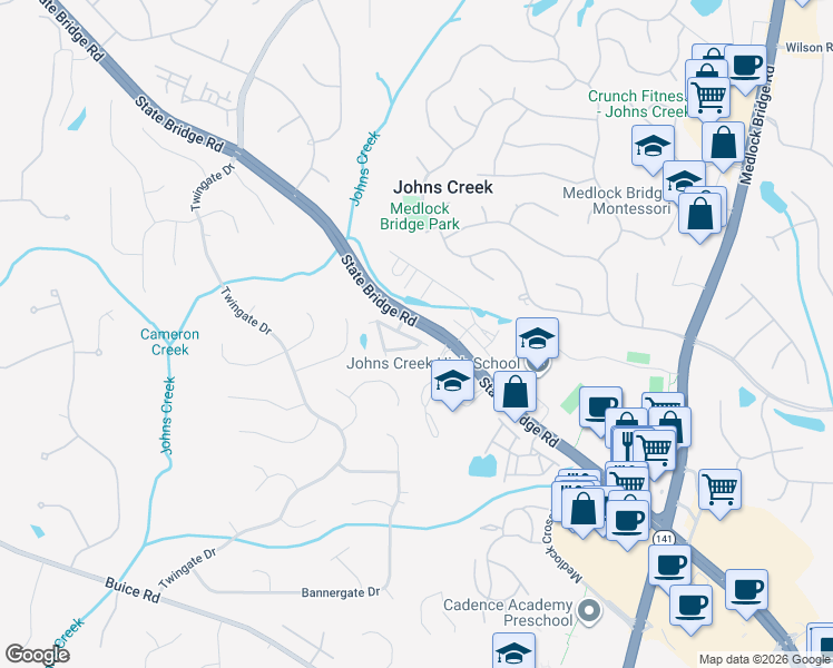 map of restaurants, bars, coffee shops, grocery stores, and more near 5496 Cameron Parc Drive in Alpharetta