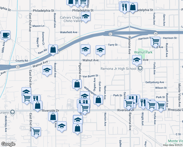 map of restaurants, bars, coffee shops, grocery stores, and more near 12607 Sholander Avenue in Chino