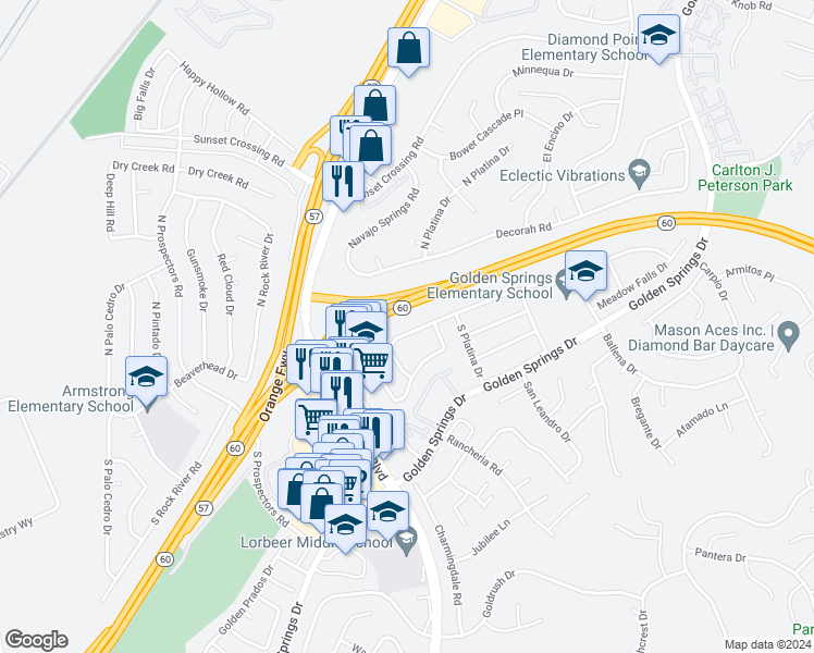 map of restaurants, bars, coffee shops, grocery stores, and more near 23633 Palomino Drive in Diamond Bar
