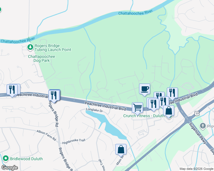 map of restaurants, bars, coffee shops, grocery stores, and more near 3915 Balleycastle Ln in Duluth