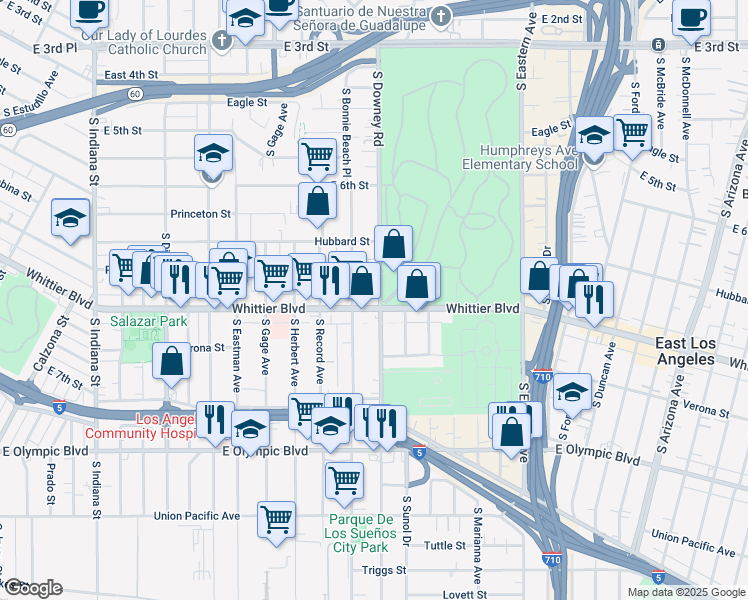 map of restaurants, bars, coffee shops, grocery stores, and more near 4169 Whittier Boulevard in Los Angeles