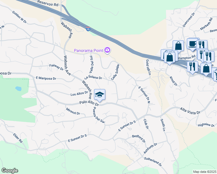 map of restaurants, bars, coffee shops, grocery stores, and more near 1711 Kyle Lane in Redlands