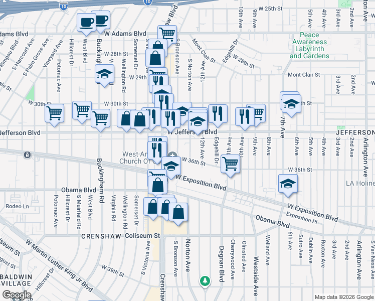 map of restaurants, bars, coffee shops, grocery stores, and more near 3515 South Norton Avenue in Los Angeles