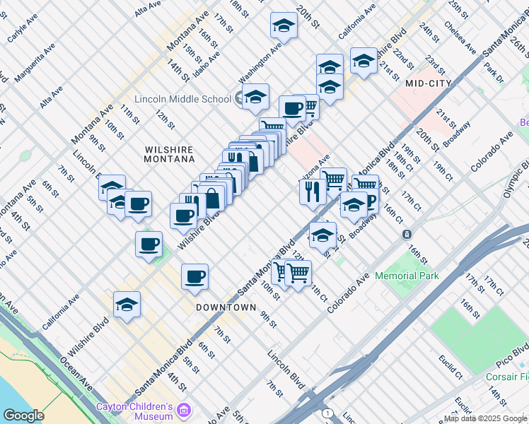 map of restaurants, bars, coffee shops, grocery stores, and more near 1257 12th Street in Santa Monica