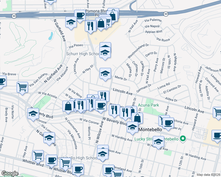 map of restaurants, bars, coffee shops, grocery stores, and more near West Lincoln Avenue & North Wilcox Avenue in Montebello