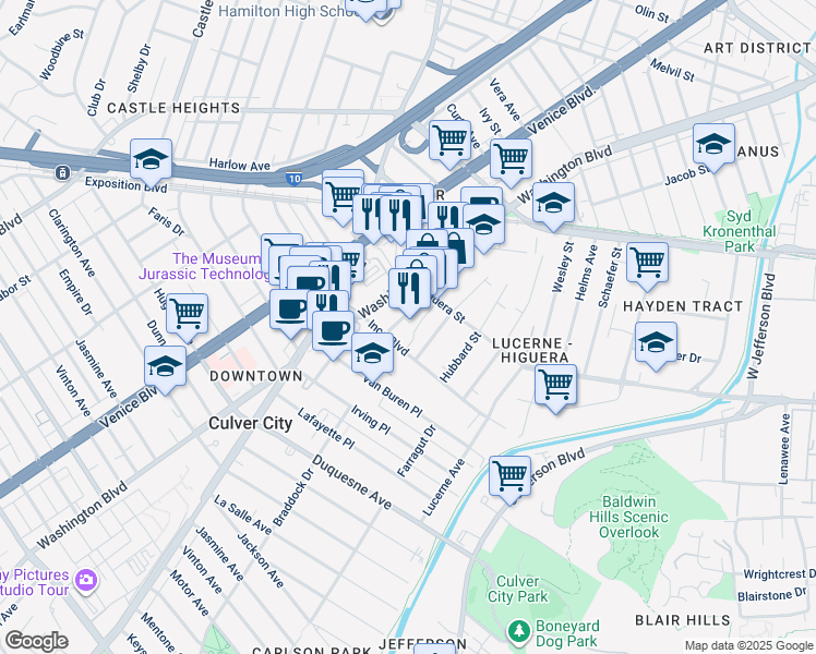 map of restaurants, bars, coffee shops, grocery stores, and more near 9038 Lindblade Street in Culver City