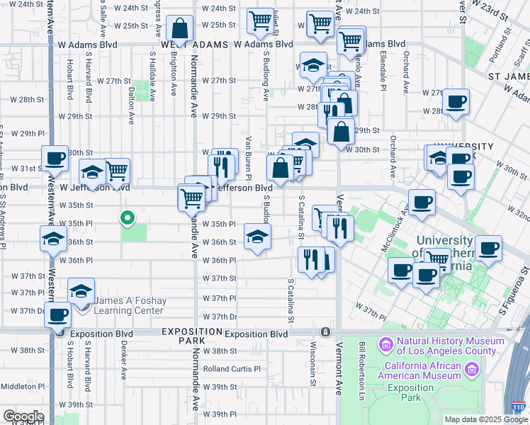 map of restaurants, bars, coffee shops, grocery stores, and more near 1252 West 35th Street in Los Angeles